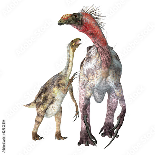 Therizinosaurus Dinosaur with Juvenile -Therizinosaurus was a theropod carnivorous dinosaur that lived in Mongolia during the Cretaceous Period. © Catmando