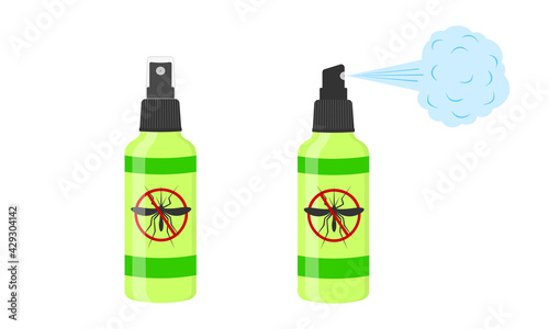 Mosquito spray icons. Repellent insect bottles with anti gnat sign isolated on white background. Vector cartoon illustration.