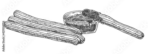Churros and bowl with hot chocolate. Vintage hatching vector black illustration.