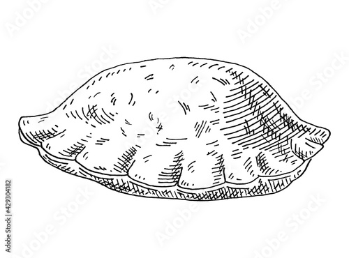 Empanadas. Mexican traditional food. Vintage hatching vector black illustration.