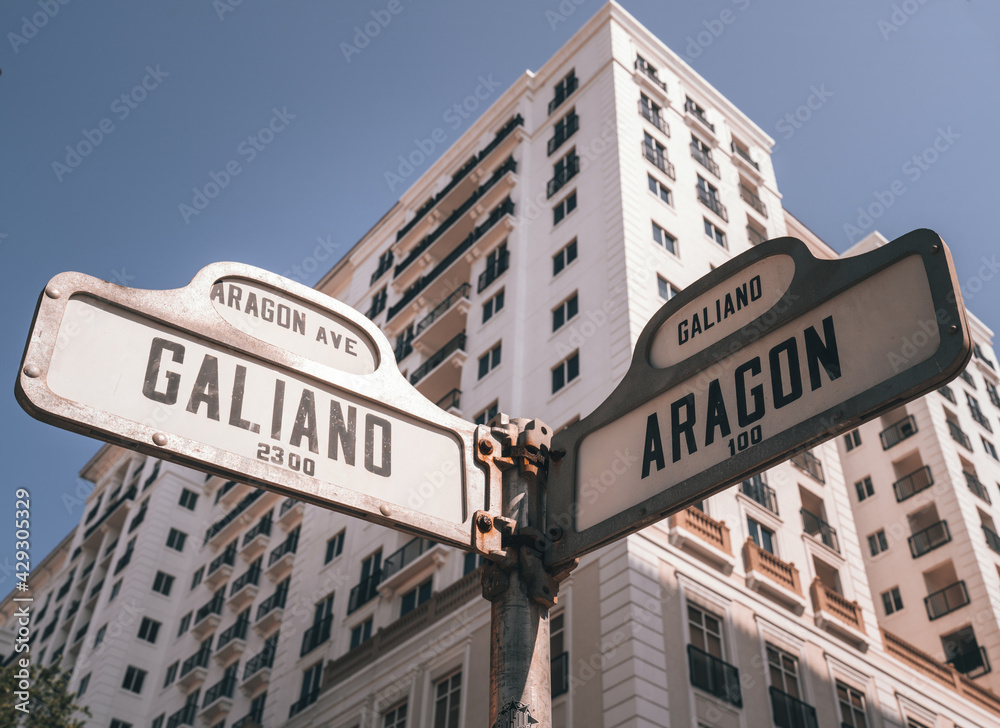 street sign in downtown city coral Gabe miami florida 