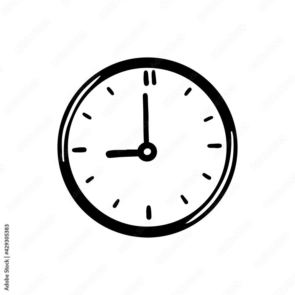 Hand drawn simple circle Clock icon of black color. Doodle sketch style. Concept of time, minute, deadline. Clock with arrow on white background Hand drawn simple circle Clock icon of black color. Doodle sketch style. Concept of time, minute, deadline. Clock with arrow on white background