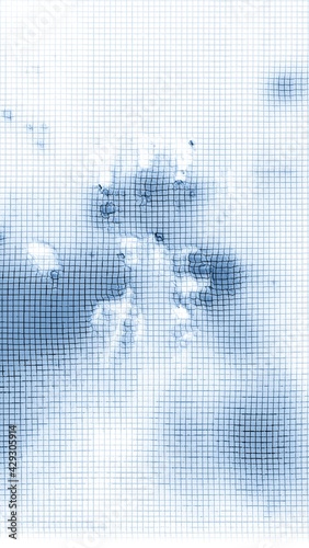 The trace of a human hand on the fogged glass. A trace of a human hand is left on the misted glass, all in a light blue square matrix.