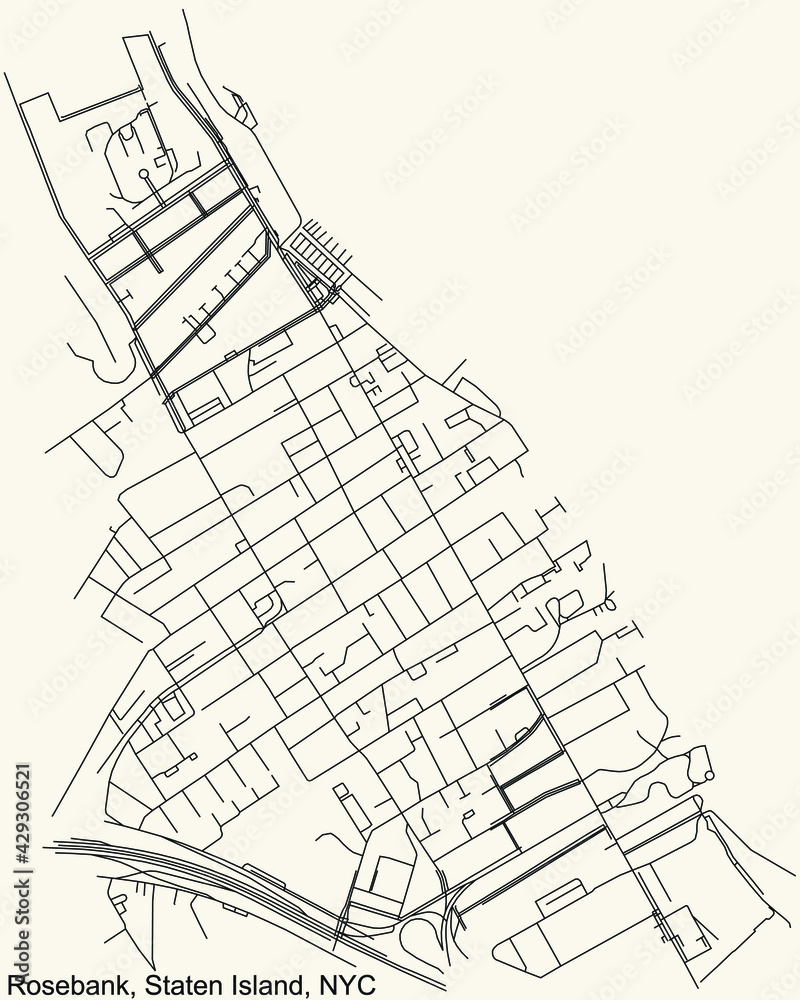 Black simple detailed street roads map on vintage beige background of the quarter Rosebank neighborhood of the Staten Island borough of New York City, USA