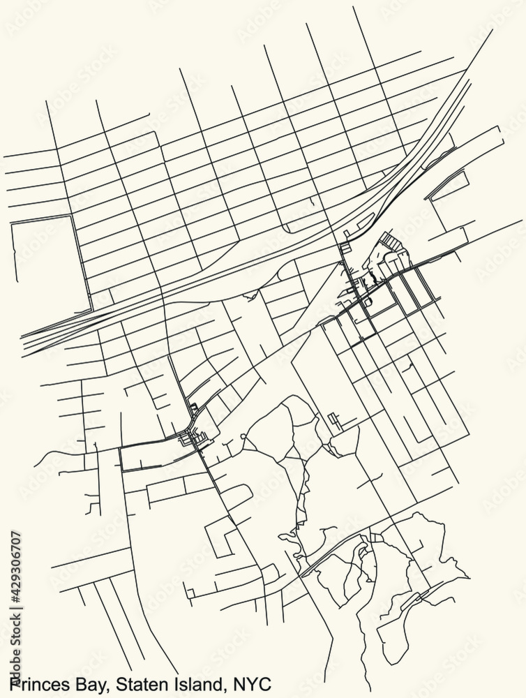Black simple detailed street roads map on vintage beige background of the quarter Prince's Bay neighborhood of the Staten Island borough of New York City, USA