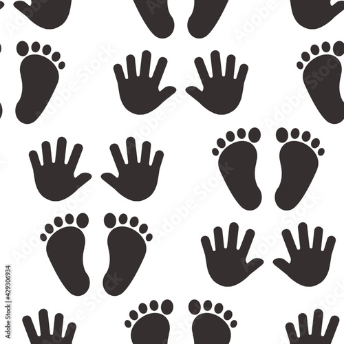 Kid footprint and handprint vector seamless pattern. Little cute steps, black silhouettes isolated on white background. Fun illustration