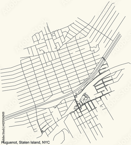 Black simple detailed street roads map on vintage beige background of the quarter Huguenot neighborhood of the Staten Island borough of New York City, USA
