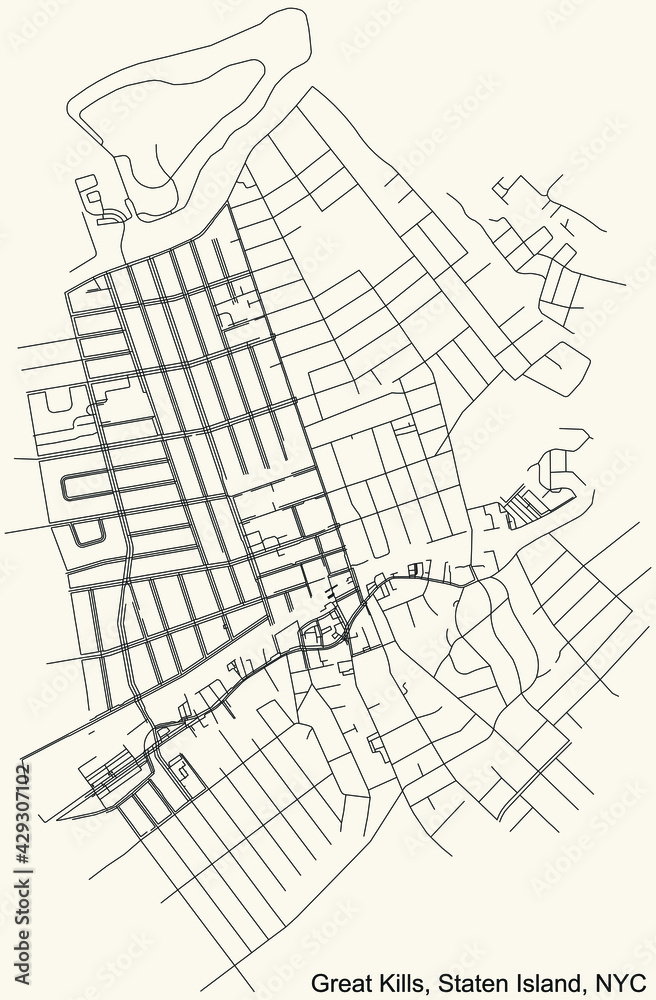 Black simple detailed street roads map on vintage beige background of the quarter Great Kills neighborhood of the Staten Island borough of New York City, USA