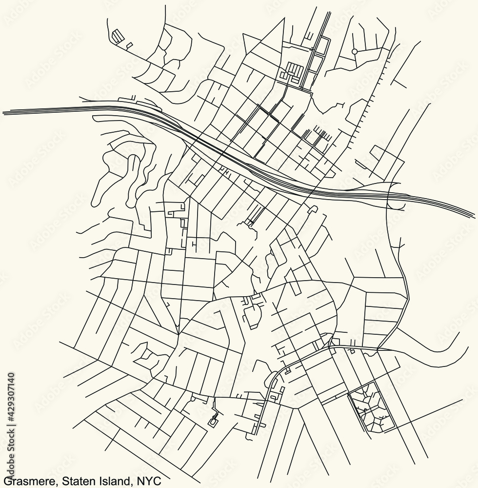 Black simple detailed street roads map on vintage beige background of the quarter Grasmere neighborhood of the Staten Island borough of New York City, USA