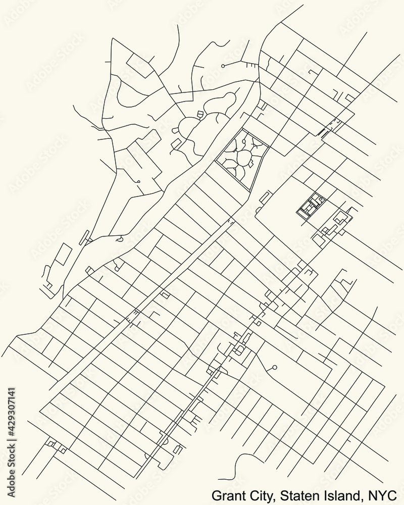 Black simple detailed street roads map on vintage beige background of the quarter Grant City neighborhood of the Staten Island borough of New York City, USA
