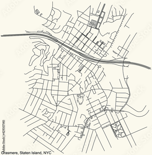 Black simple detailed street roads map on vintage beige background of the quarter Grasmere neighborhood of the Staten Island borough of New York City, USA