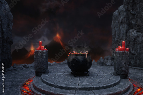3D illustration of a dark witch's lair with bubbling cauldron photo