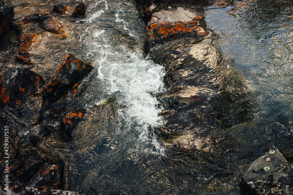 Scenic nature background of clear water stream among rocks with orange lichens. Atmospheric mountain landscape with lichen stones in transparent water of mountain creek. Beautiful mountain stream. Scenic nature background of clear water stream among rocks with orange lichens. Atmospheric mountain landscape with lichen stones in transparent water of mountain creek. Beautiful mountain stream.