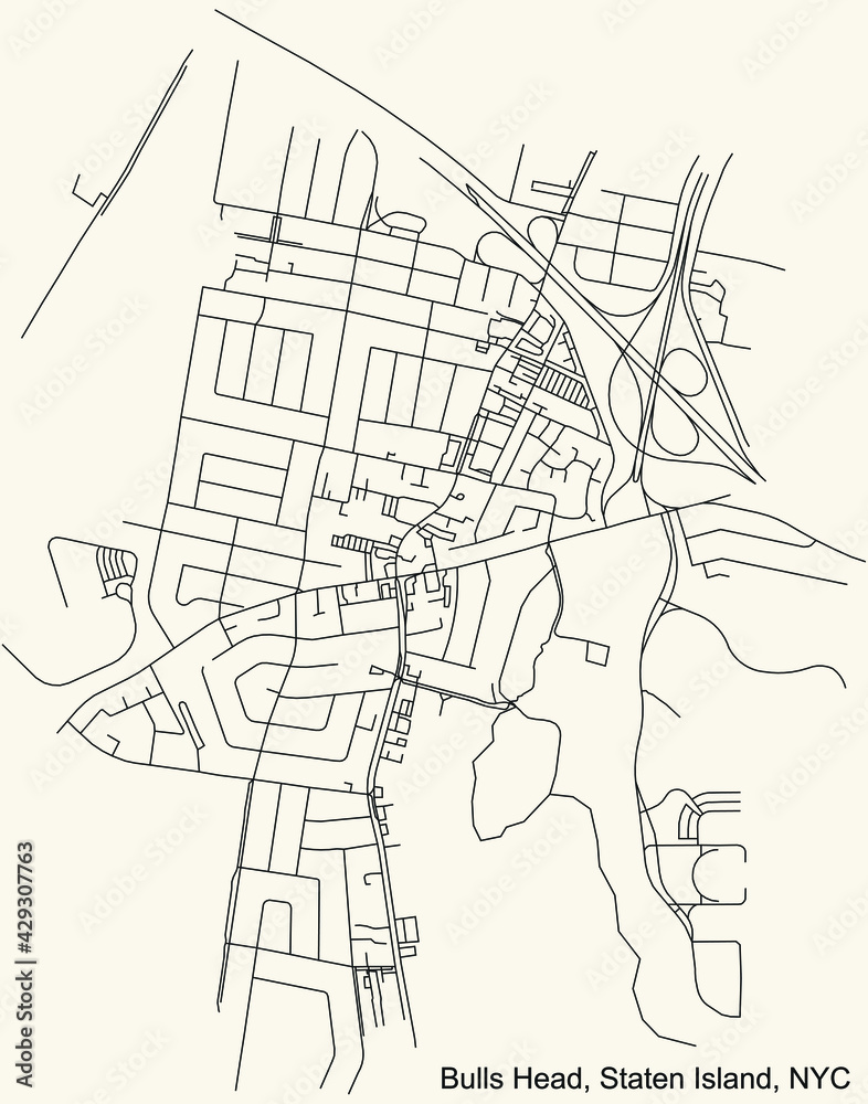 Black simple detailed street roads map on vintage beige background of the quarter Bulls Head neighborhood of the Staten Island borough of New York City, USA