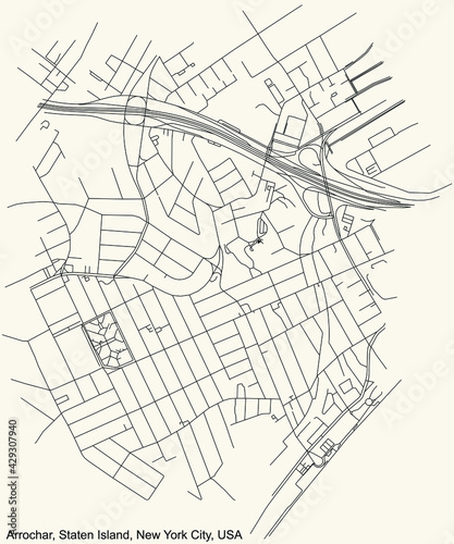 Black simple detailed street roads map on vintage beige background of the quarter Arrochar neighborhood of the Staten Island borough of New York City, USA