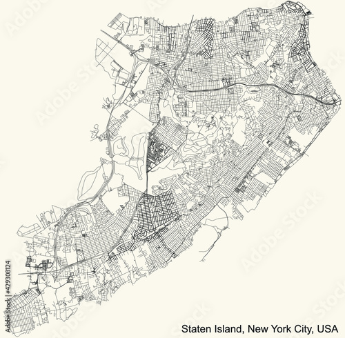 Black simple detailed street roads map on vintage beige background of the quarter Staten Island borough of New York City, USA