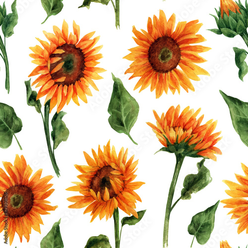 Pattern with sunflowers in watercolor © a_ptichkina