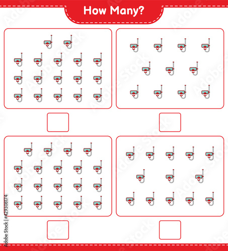 Counting game, how many Scuba Diving Mask. Educational children game, printable worksheet, vector illustration