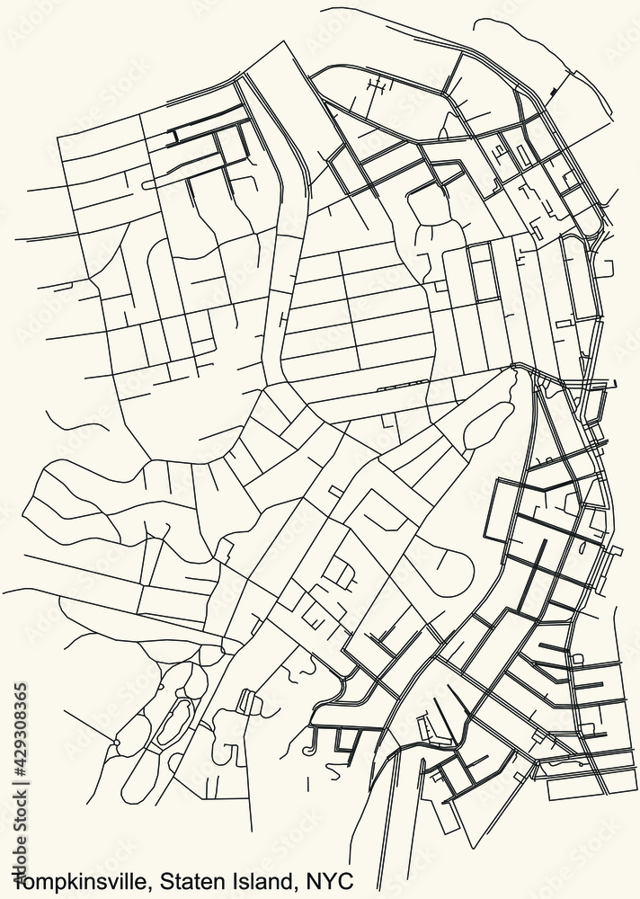Black simple detailed street roads map on vintage beige background of the quarter Tompkinsville neighborhood of the Staten Island borough of New York City, USA