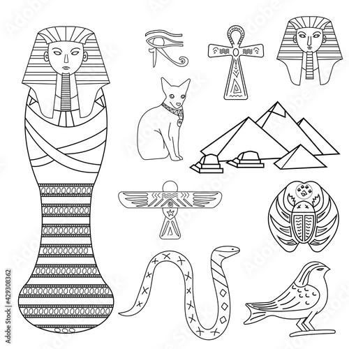 line Art on the theme of Egypt sarcophagus, Pharaoh, Egyptian cross, bird, snake, amulet, cat, eye and pyramids on white background