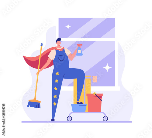 Cleaners team working in office or home. Janitor or housekeeper in uniform. Concept of cleaning service, cleanup house, housekeeping. Vector illustration in flat design for web banners