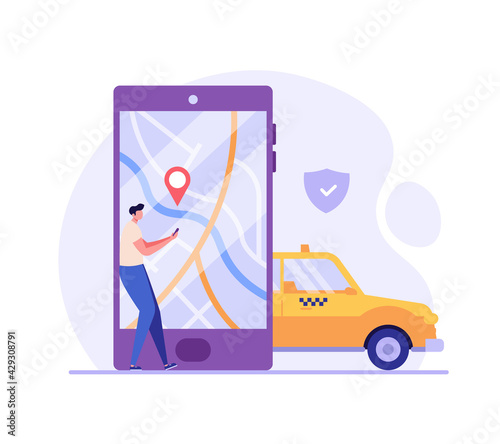 Man calling a taxi, checking where the car is. Concept of taxi service, geolocation, convenient use, car, driver. Vector illustration in flat design for mobile app, web banner.