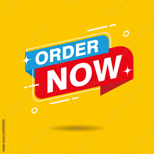 Simple Flat Order Now Text Banner with Red and Blue Color Isolated on Yellow Background Design, Order Now Element Template Vector for Advertising, Social Media, Web Banner