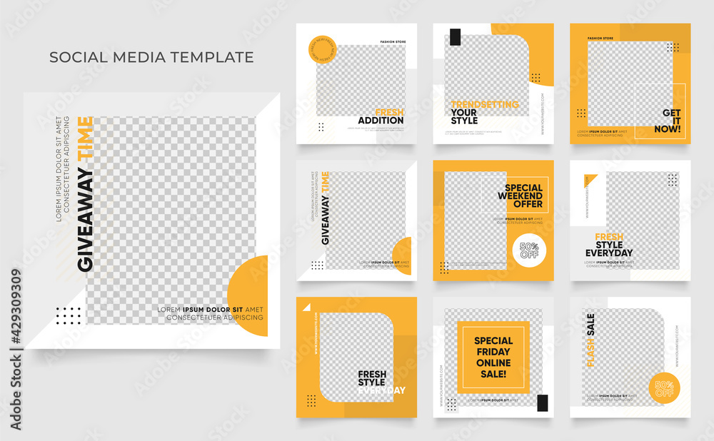 social media template banner blog fashion sale promotion. fully editable instagram and facebook square post frame puzzle organic sale poster. fresh yellow element shape vector background - obrazy, fototapety, plakaty 