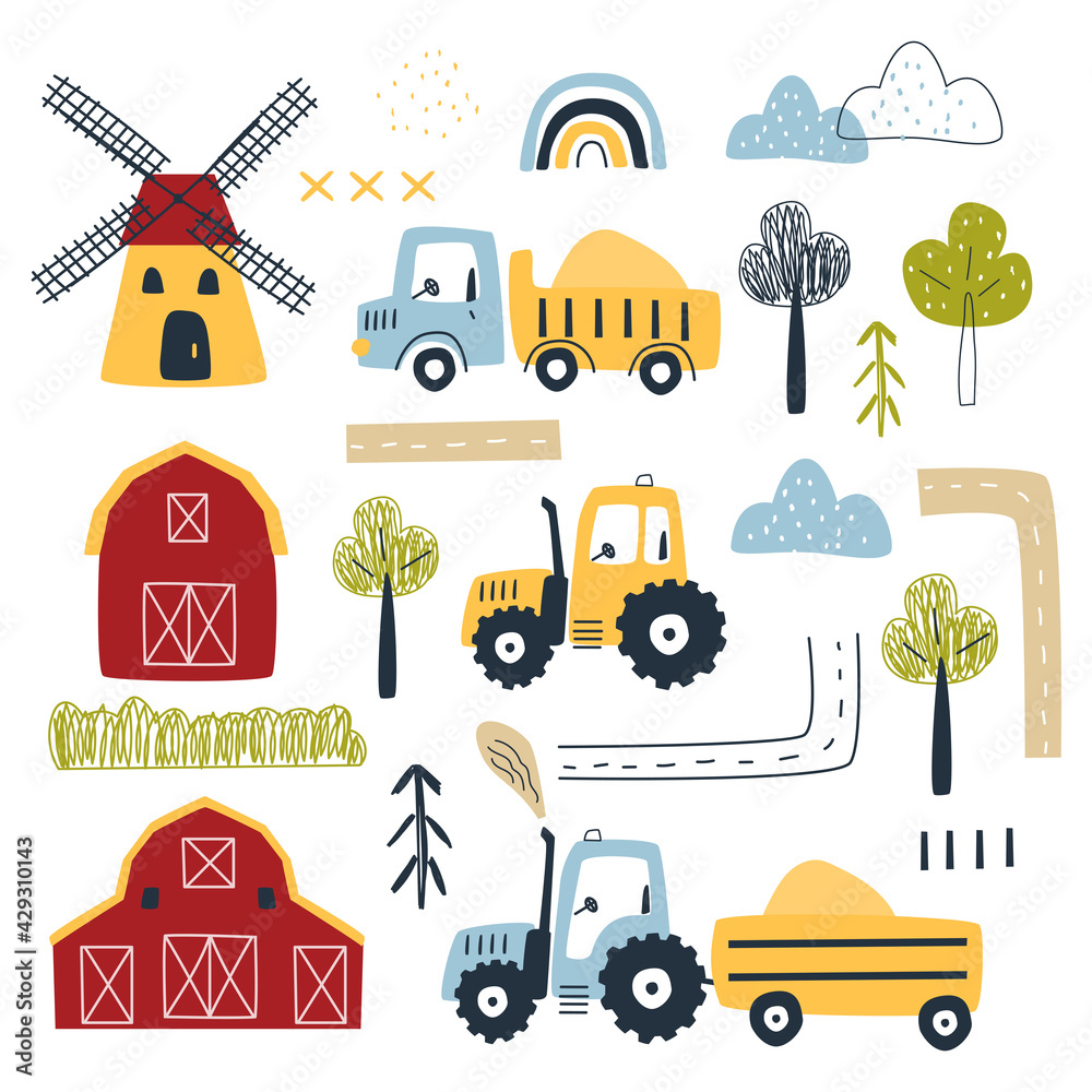 Cartoon set of tractors, trucks, trees, mill and barns with decorative elements to create seamless patterns. Vector illustration for printing on fabric, packaging paper, clothing. Cute baby background Cartoon set of tractors, trucks, trees, mill and barns with decorative elements to create seamless patterns. Vector illustration for printing on fabric, packaging paper, clothing. Cute baby background