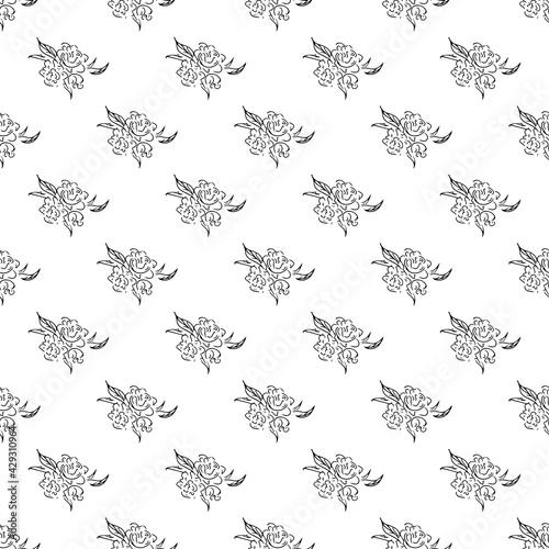 Doodle simple vector seamless pattern of hand-drawn peonies. Seamless pattern of hand-drawn peonies. Isolated on white background.