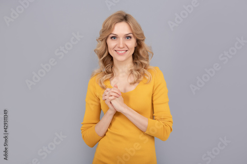 blond woman portrait. express positive emotions. smooth face skin. happy lady