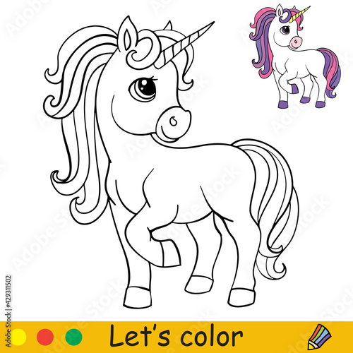 Cute magic cartoon unicorn coloring vector illustration