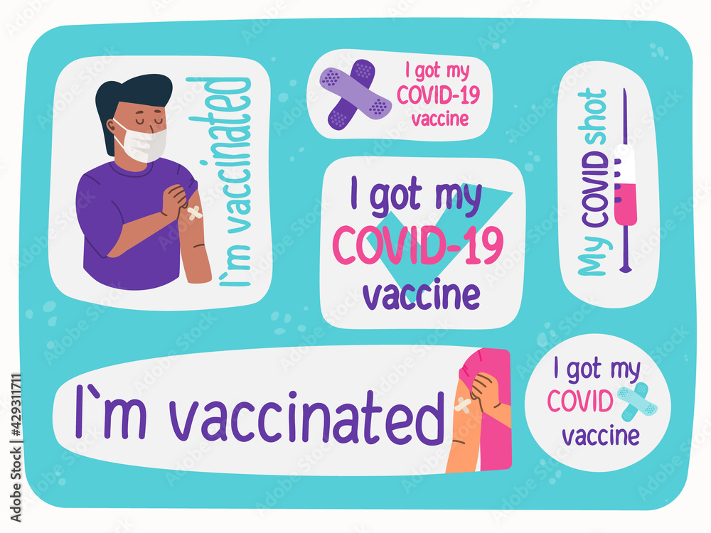 Hand drawing illustration and lettering COVID vaccination concept. Anti-covid, I got my COVID vaccine, I did it, I am vaccinated, My COVID shot. Cute colorful health care stickers.