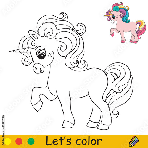 Cute beautiful cartoon unicorn coloring vector illustration