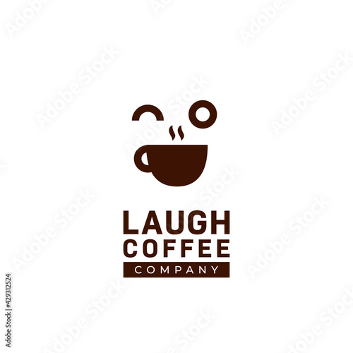 Happy fun laugh coffee shop logo, coffee cafe logo with big laugh smile face expression icon illustration concept vector