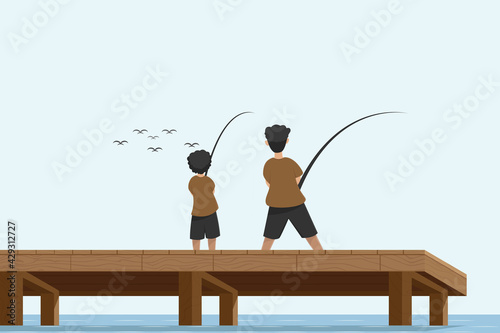 Two brothers who are fishing on the sea pier
