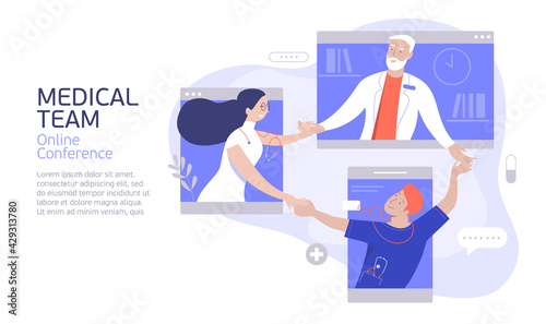 Medical team success. Happy medical colleagues congratulating each other. Remotely virtual discussion of medicine professionals. Flat vector illustration concept.