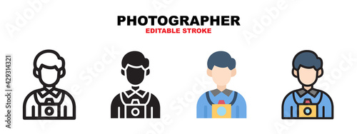 Photographer icon set with different styles. Icons designed in filled, outline, flat, glyph and line colored. Editable stroke and pixel perfect. Can be used for web, mobile, ui and more.