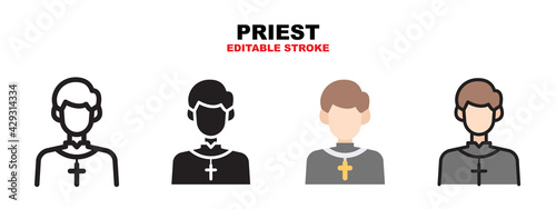 Priest icon set with different styles. Icons designed in filled, outline, flat, glyph and line colored. Editable stroke and pixel perfect. Can be used for web, mobile, ui and more.