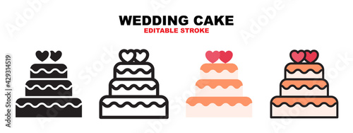 Wedding Cake icon set with different styles. Icons designed in filled, outline, flat, glyph and line colored. Editable stroke and pixel perfect. Can be used for web, mobile, ui and more.