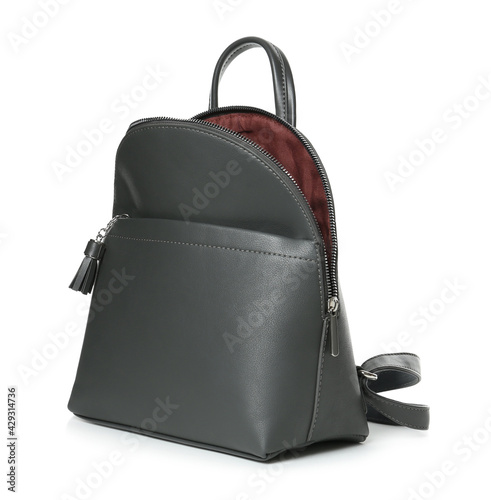 Stylish grey leather backpack isolated on white