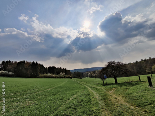 Wandern bei sonnigem Frühling mit dramatischen Wolken und blauem Himmel in den Feldern des Taunus