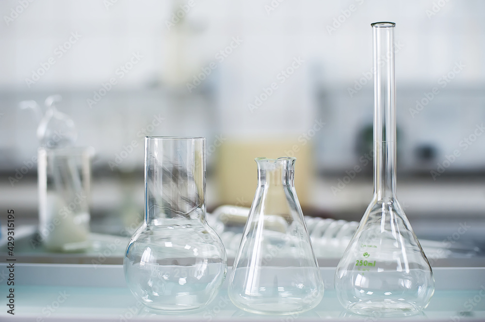 Empty flasks. Laboratory analysis equipment. Chemical laboratory ...