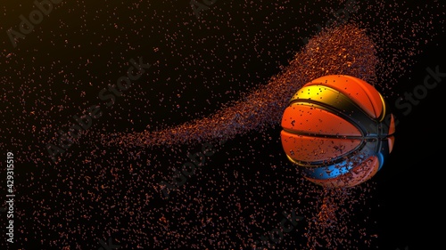 Orange-Black Basketball with Particles under Orange-Blue lighting background. 3D illustration. 3D high quality rendering. 3D CG. © DRN Studio