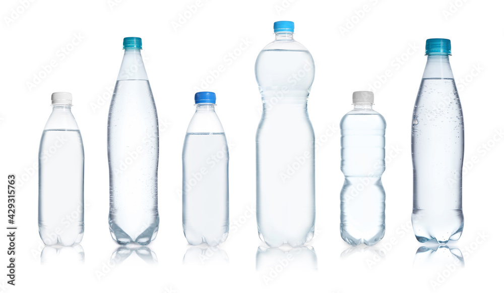 Set with different bottles of pure water on white background. Banner design Set with different bottles of pure water on white background. Banner design