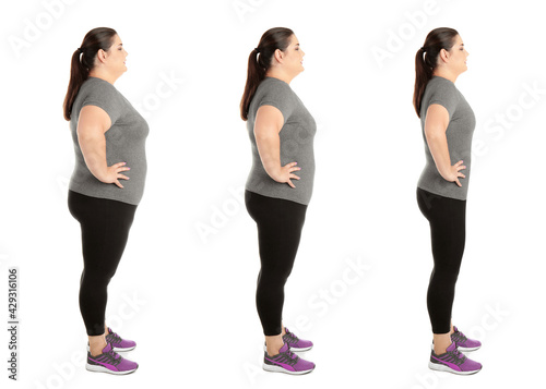 Fotografie Woman before and after weight loss on white background, collage