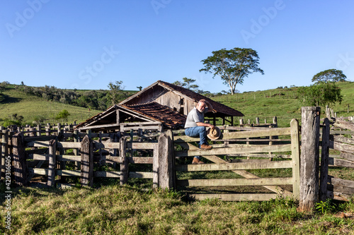middle-aged farmer and cattle rancher observes an old corral to place the animals