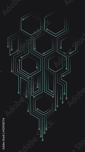 Vector abstract illustration. Chip concept, future, cyberpunk, computer elements. Lines, hexagonal shapes on a dark background. Design template for web, banners.