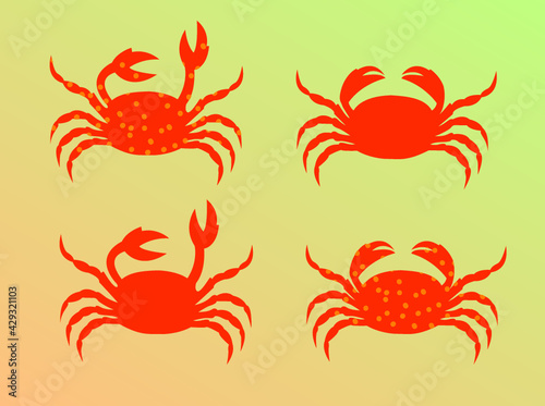 Red and Orange Spotty Crabs Pattern Icons Silhouette Animal Crustacean  - Yellow/Green Gradient Background Vector