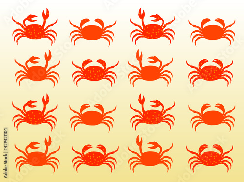 Red and Orange Spotty Crabs Pattern Icons Silhouette Animal Crustacean  - Yellow Gradient Background Vector